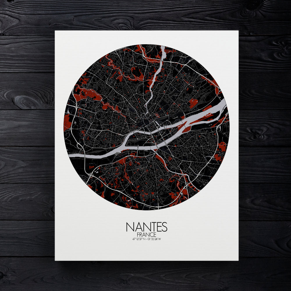 Mapospheres Nantes Red dark round shape design canvas city map
