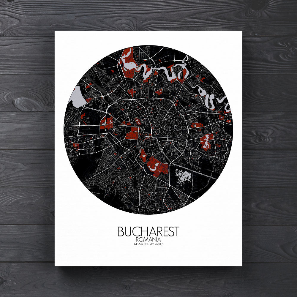 Mapospheres bucharest Red Dark round shape design canvas city map