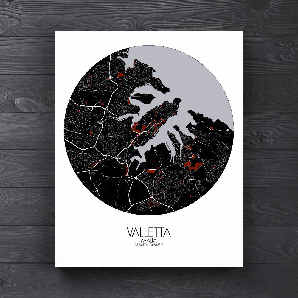 Mapospheres valletta Red Dark round shape design canvas city map