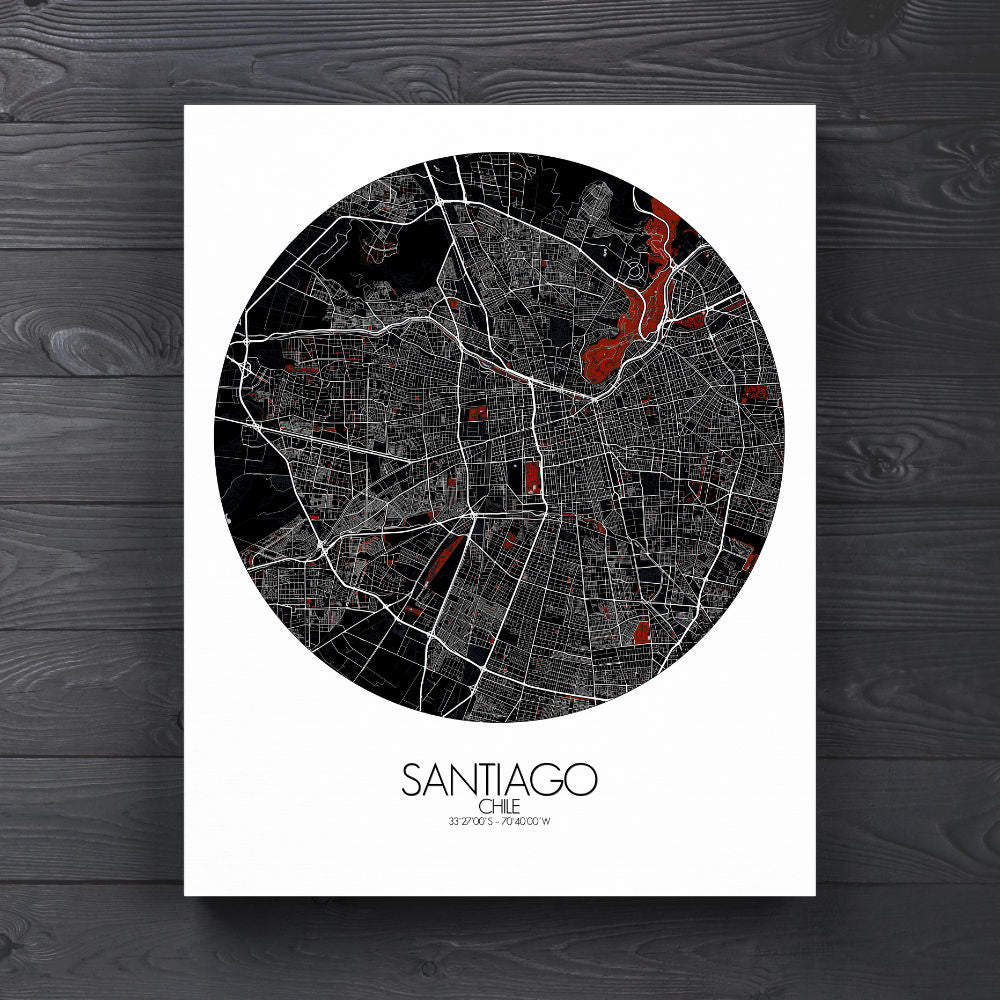 Mapospheres Santiago Red dark round shape design canvas city map