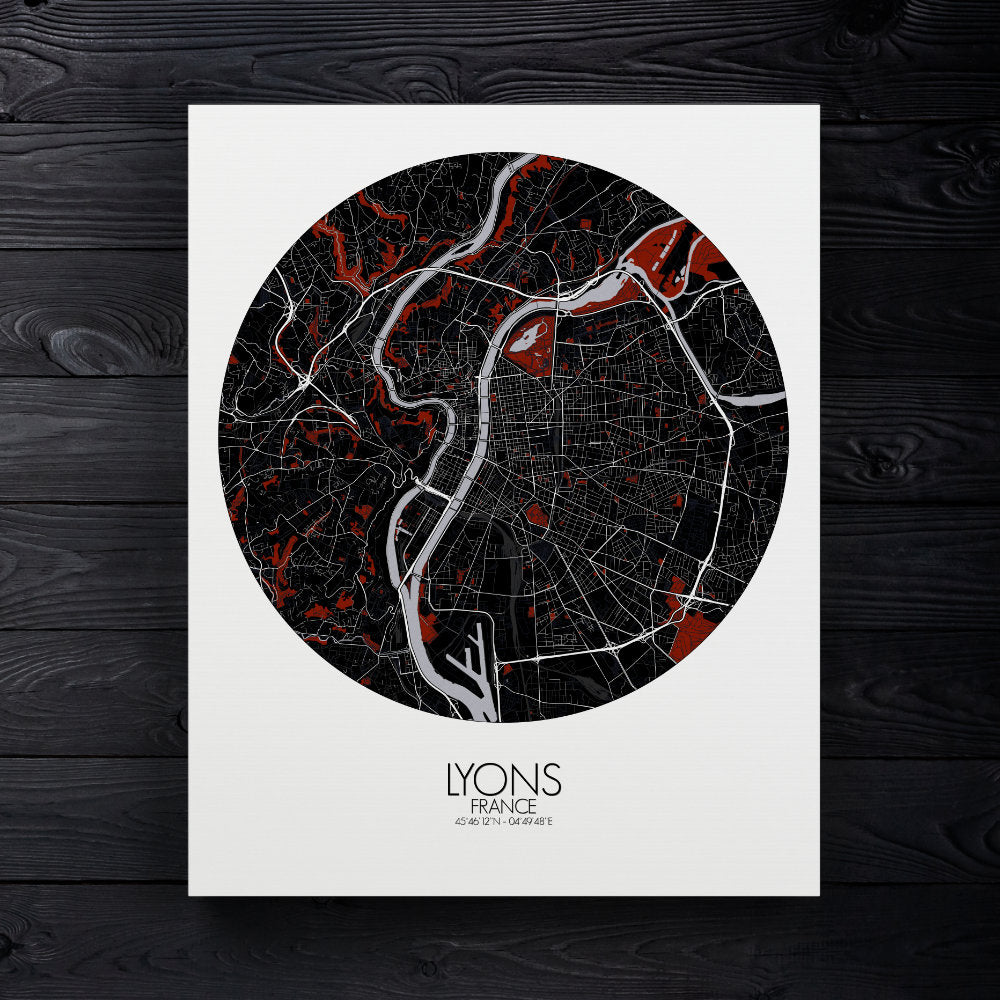 Mapospheres Lyon Red dark round shape design canvas city map