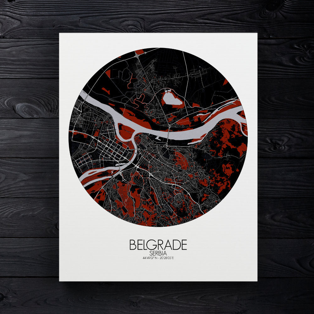 Mapospheres Belgrade Red dark round shape design canvas city map
