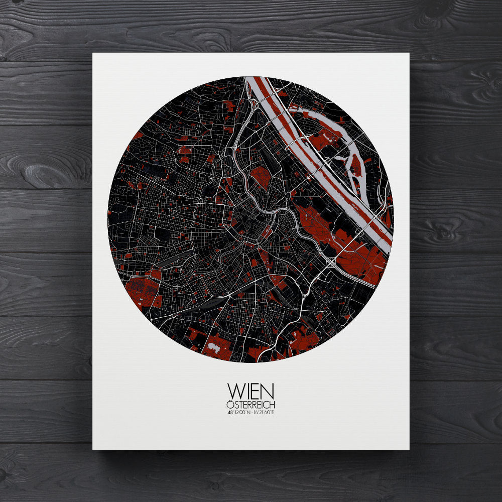 Mapospheres vienna Red Dark round shape design canvas city map
