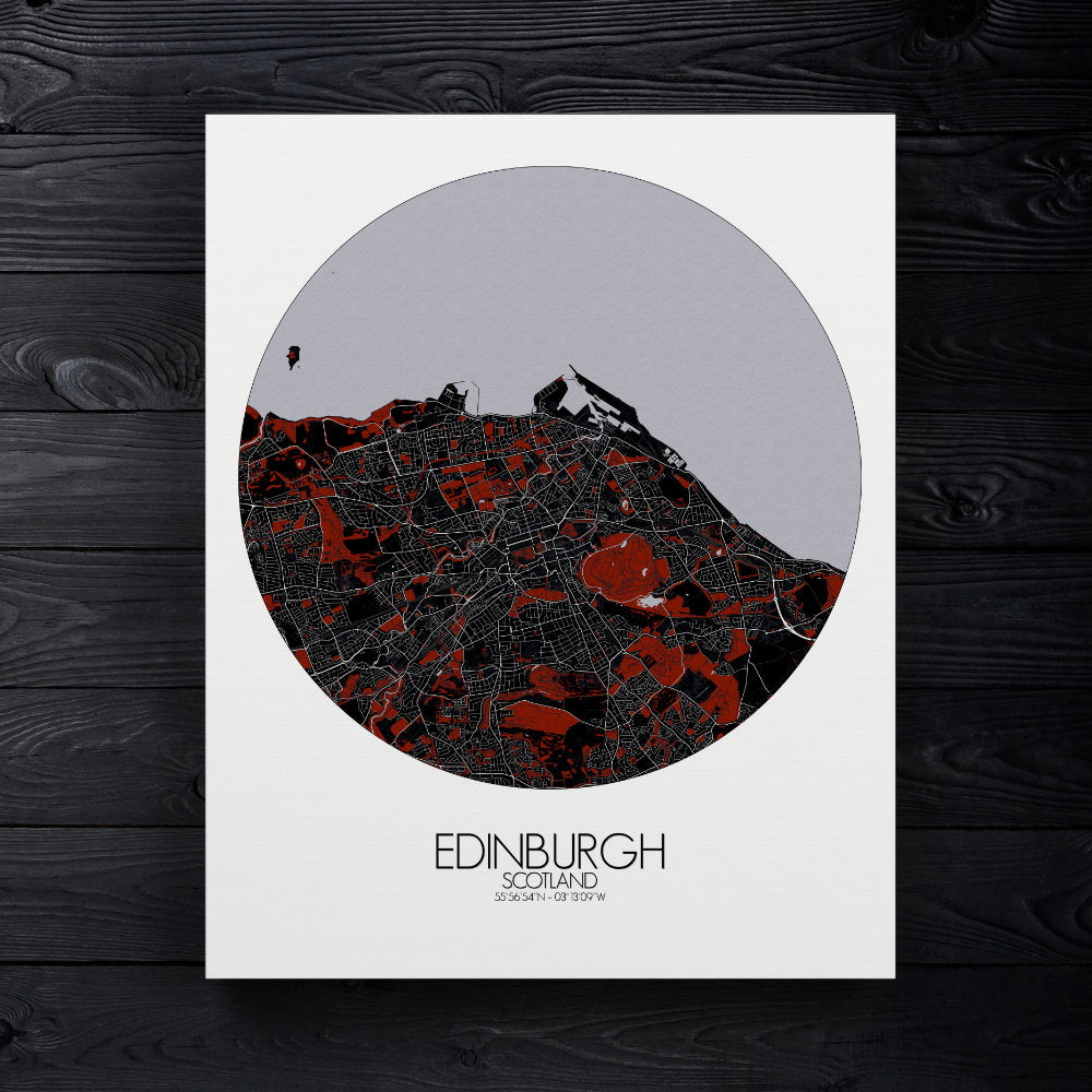 Mapospheres Edinburgh Red dark round shape design canvas city map
