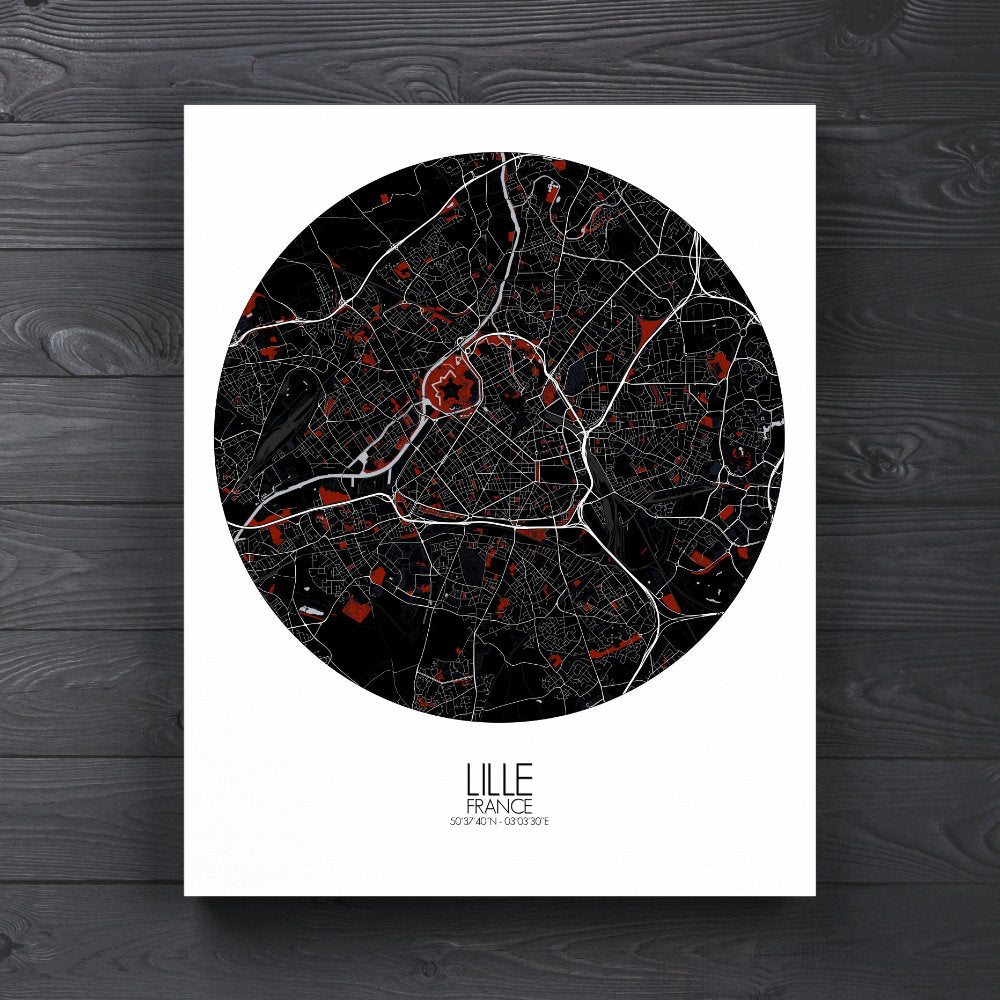 Mapospheres Lille Red dark round shape design canvas city map