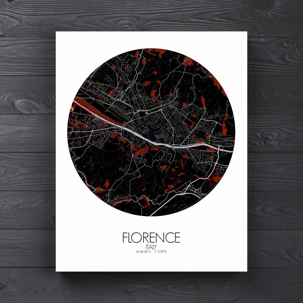 Mapospheres Florence Red Dark round shape design canvas city map