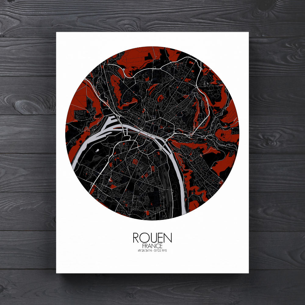 Mapospheres Rouen Red dark round shape design canvas city map