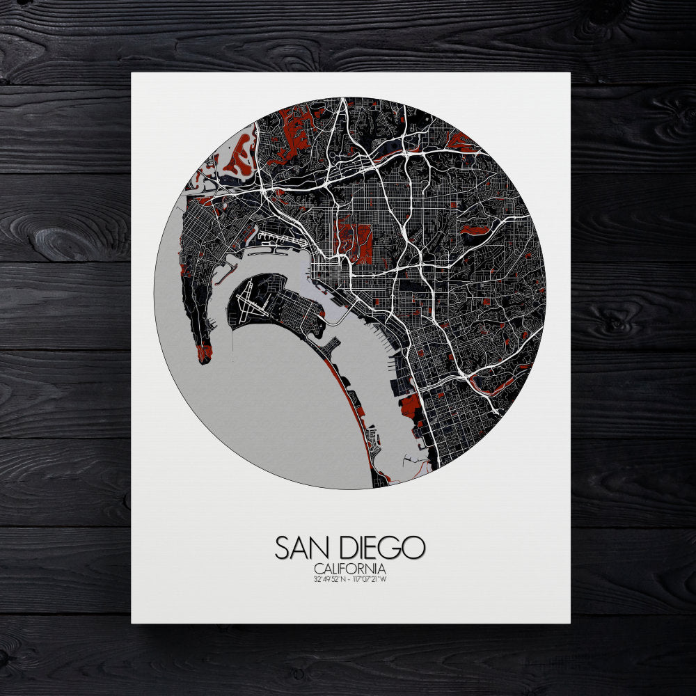 Mapospheres San Diego Red dark round shape design canvas city map
