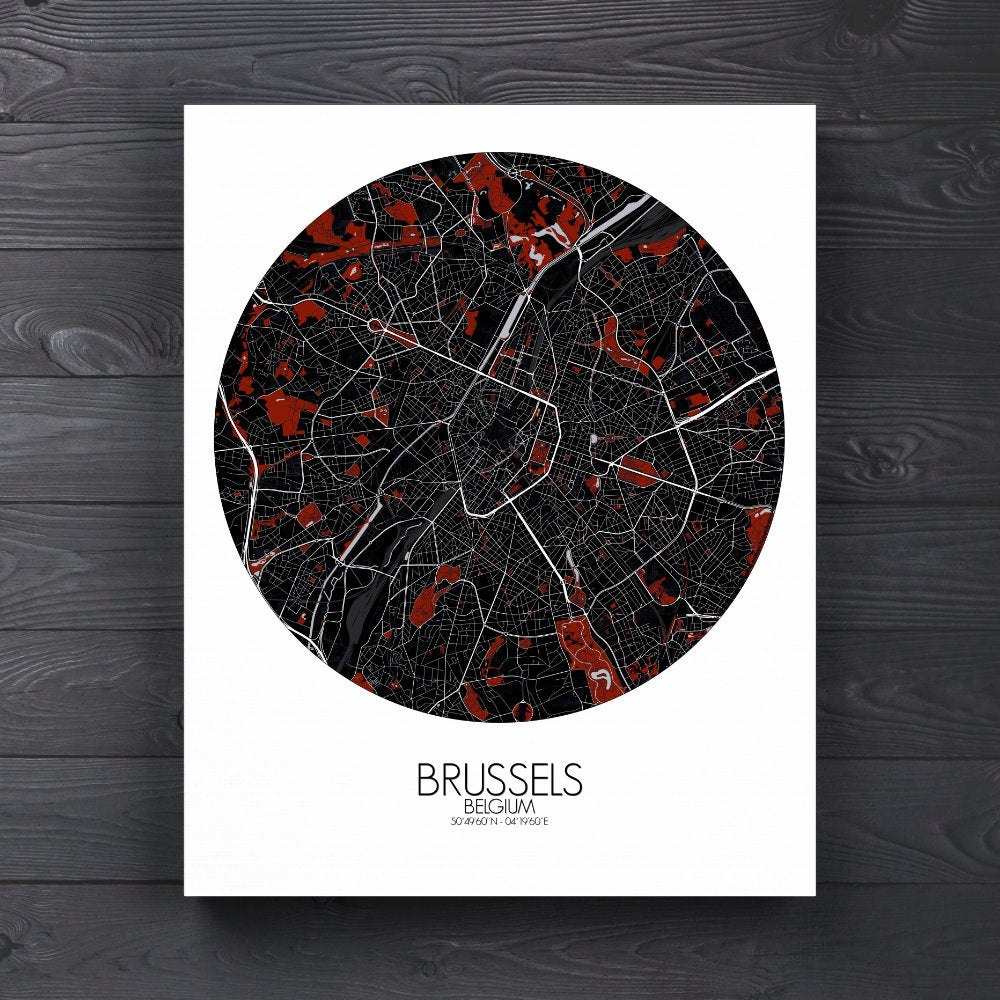 Mapospheres brussels Red Dark round shape design canvas city map