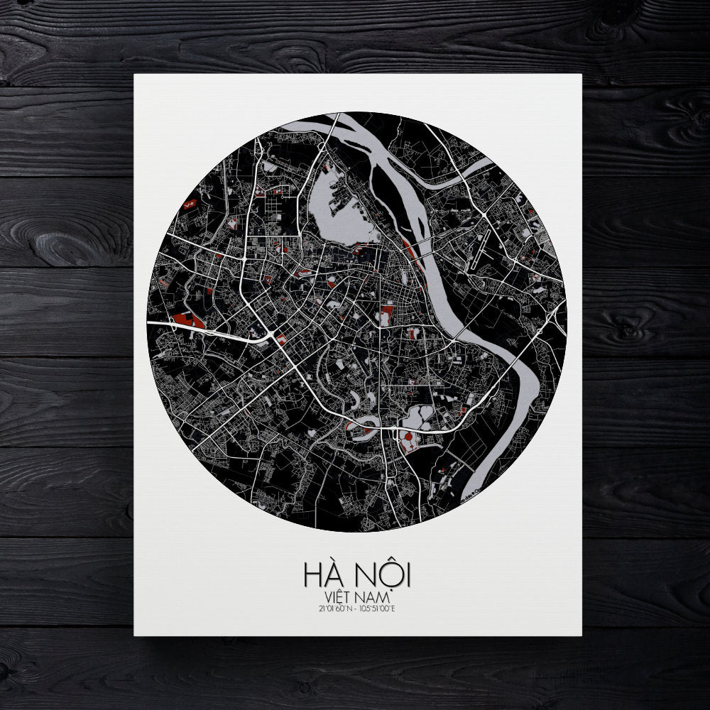 Mapospheres Hanoi Red dark round shape design canvas city map