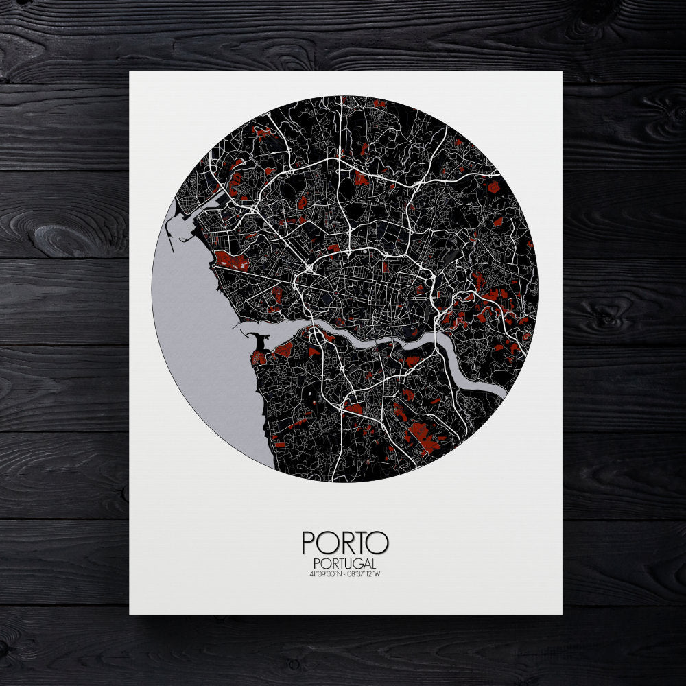 Mapospheres Porto Red dark round shape design canvas city map