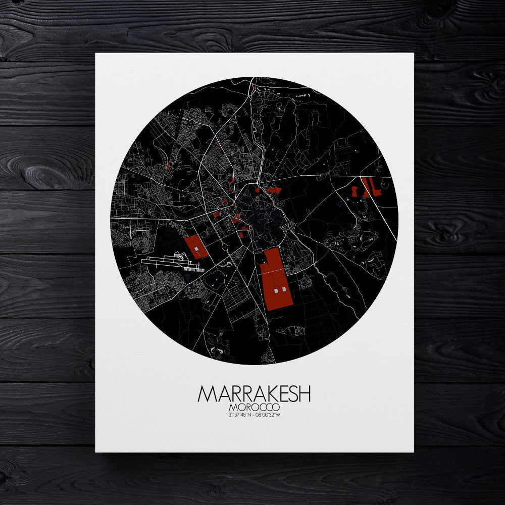 Mapospheres Marrakesh Red dark round shape design canvas city map