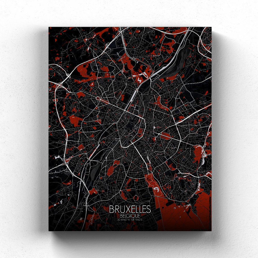 Mapospheres brussels Red Dark full page design canvas city map