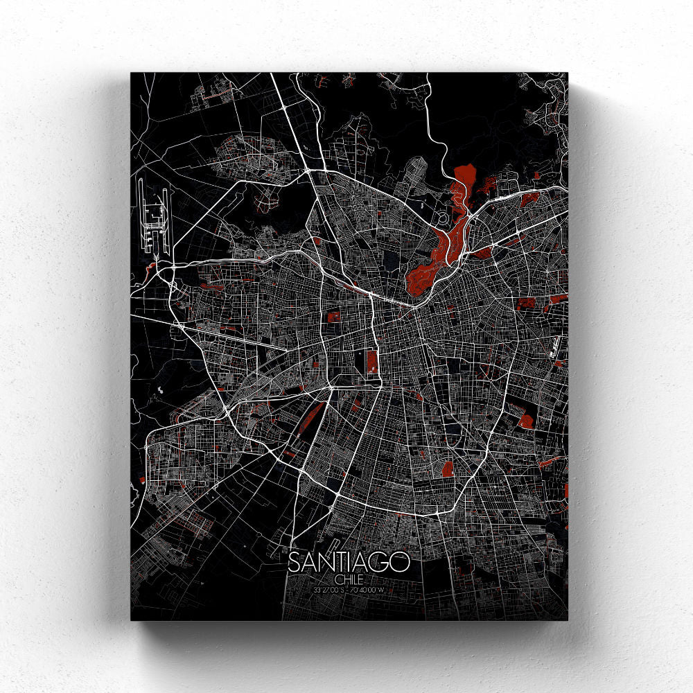 Mapospheres Santiago Red dark full page design canvas city map