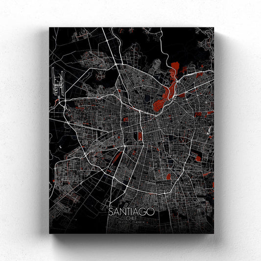 Mapospheres Santiago Red dark full page design canvas city map