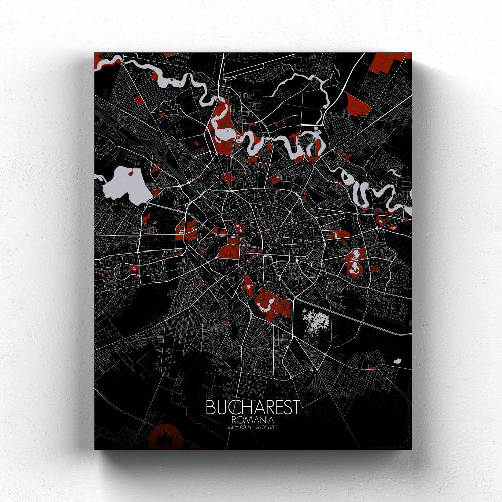 Mapospheres bucharest Red Dark full page design canvas city map