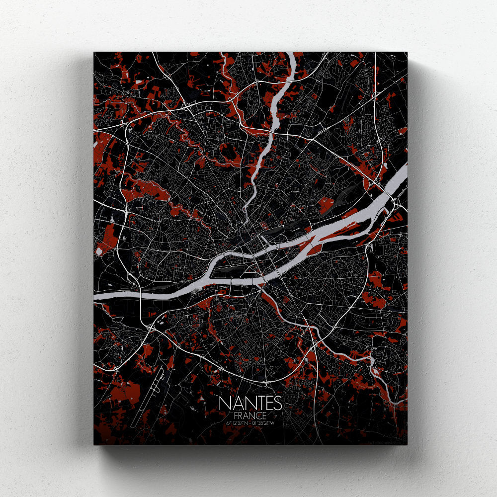 Mapospheres Nantes Red dark full page design canvas city map