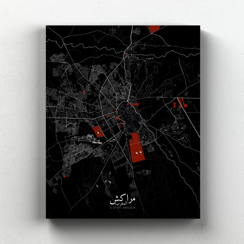 Mapospheres Marrakesh Red dark full page design canvas city map
