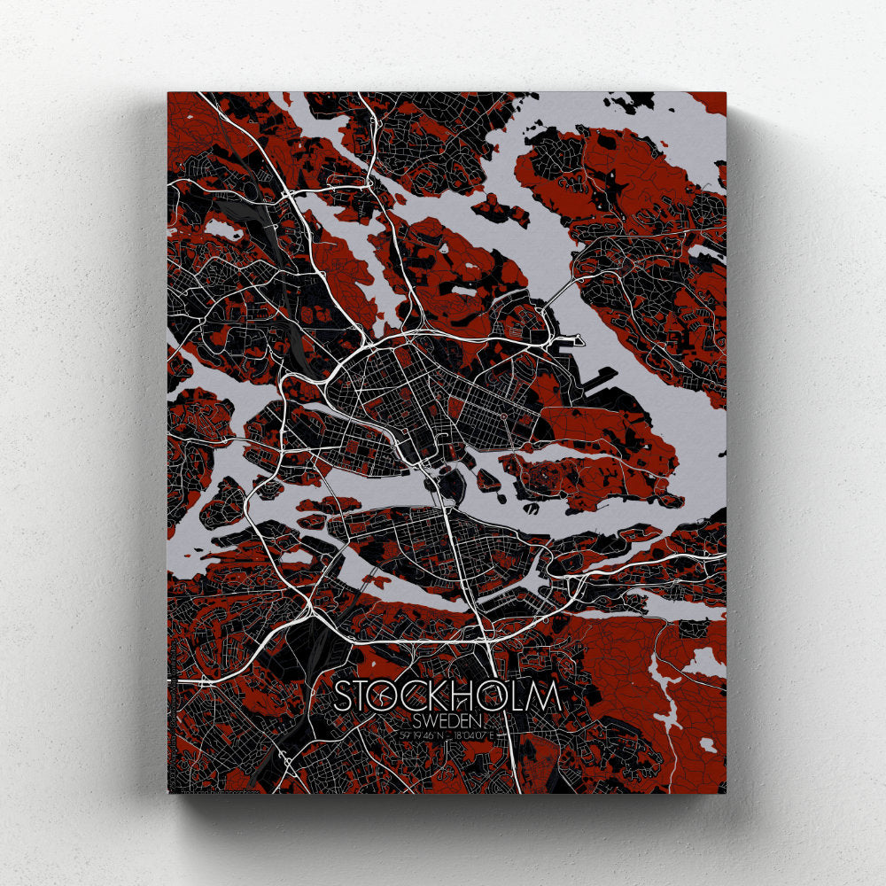 Mapospheres stockholm Red Dark full page design canvas city map