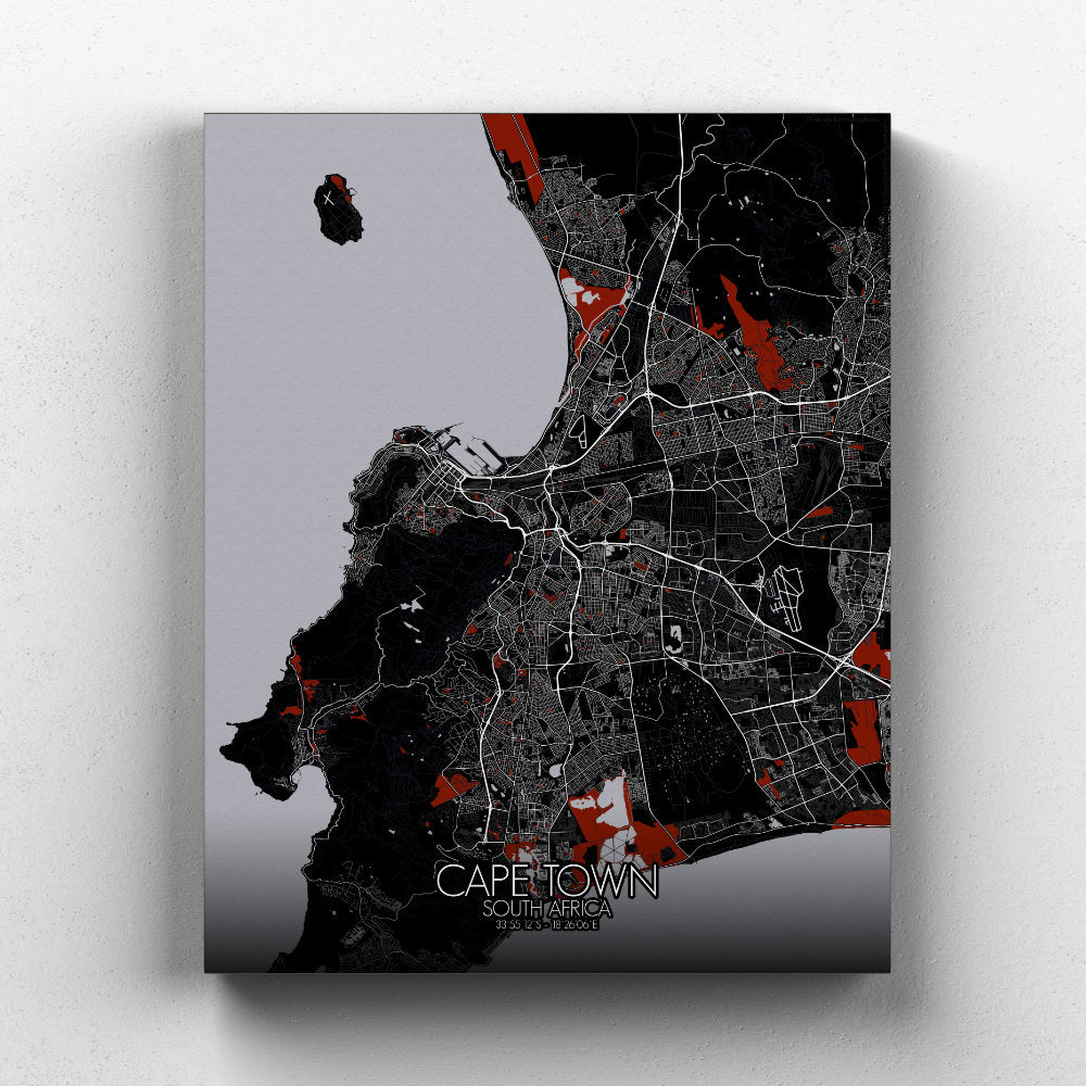 Mapospheres Cape Town Red dark full page design canvas city map