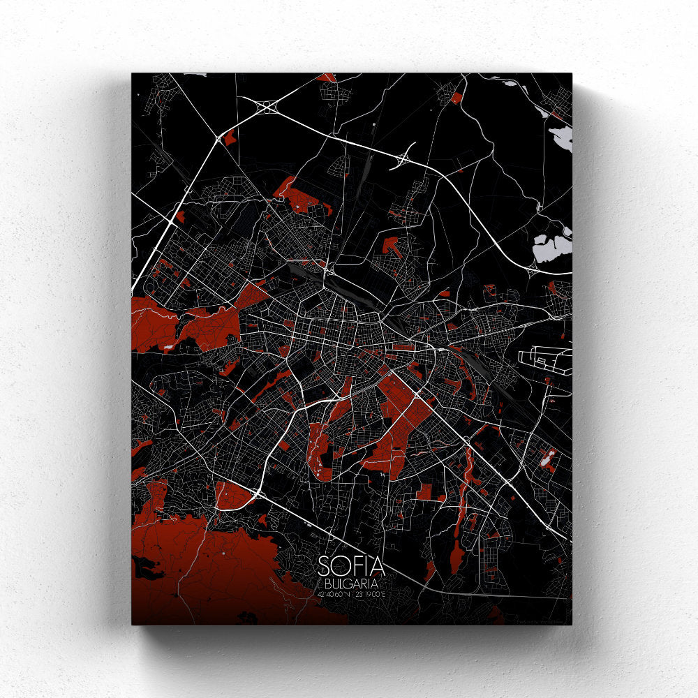 Mapospheres sofia Red Dark full page design canvas city map