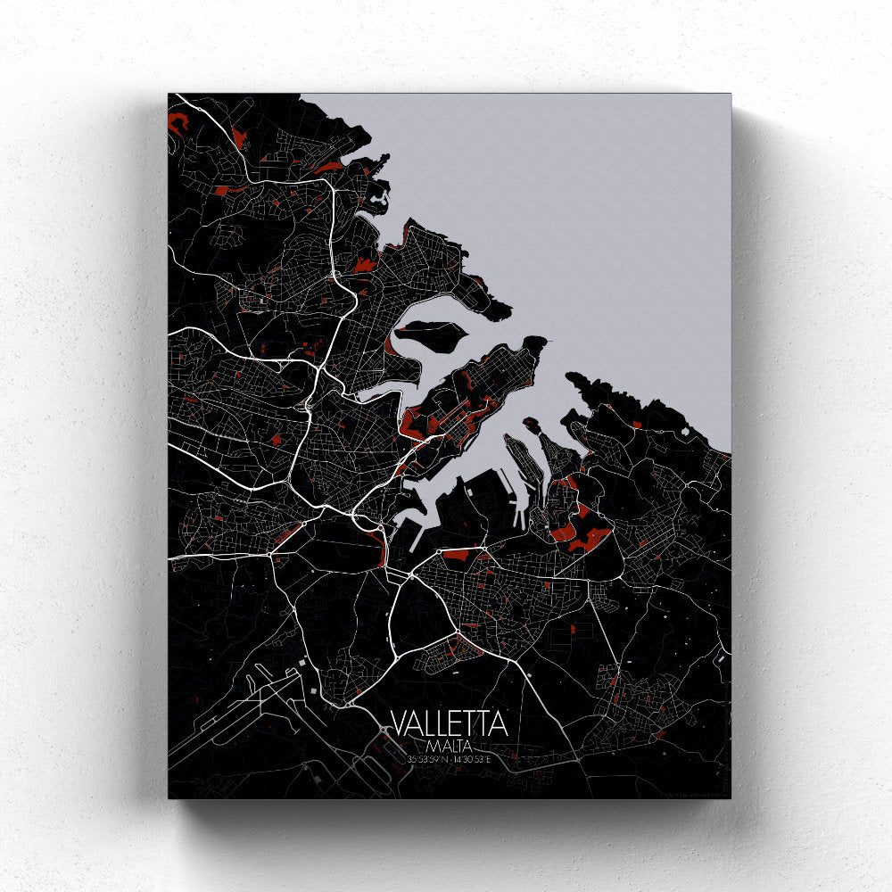 Mapospheres valletta Red Dark full page design canvas city map