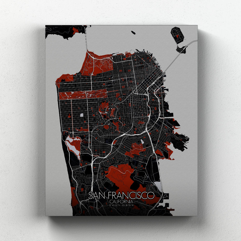 Mapospheres San Francisco Red dark full page design canvas city map