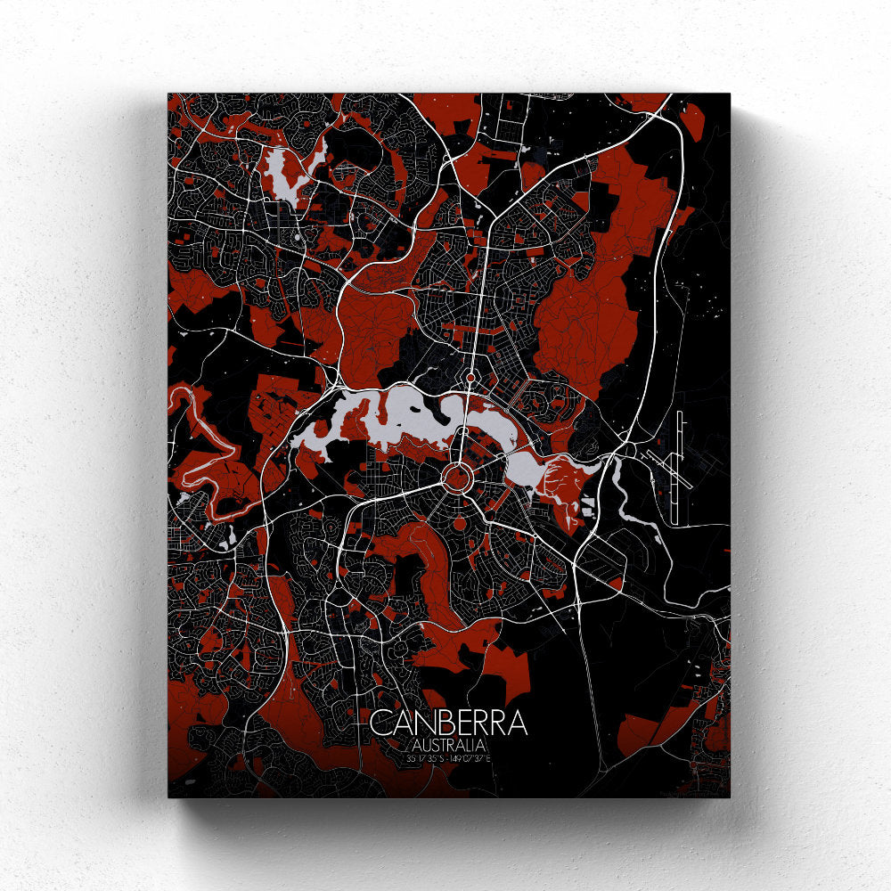 Mapospheres Canberra Red dark full page design canvas city map