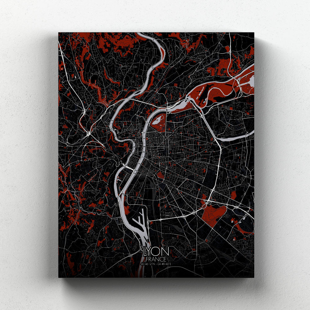 Mapospheres Lyon Red dark full page design canvas city map