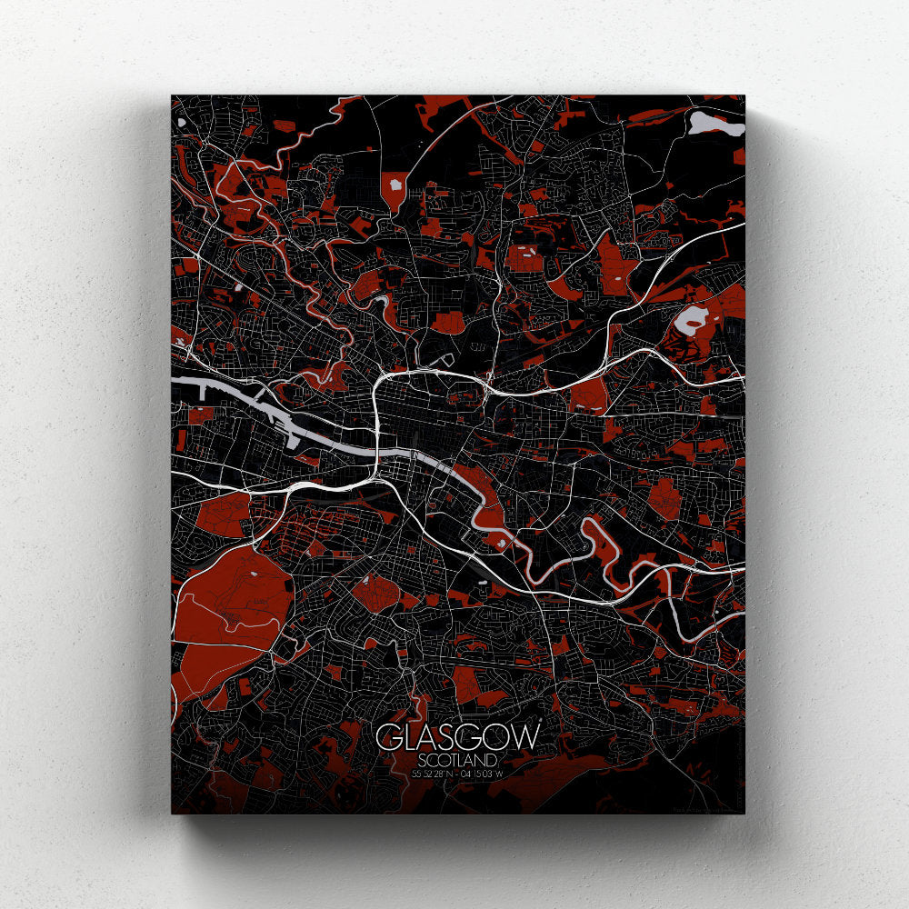Mapospheres Glasgow Red dark full page design canvas city map