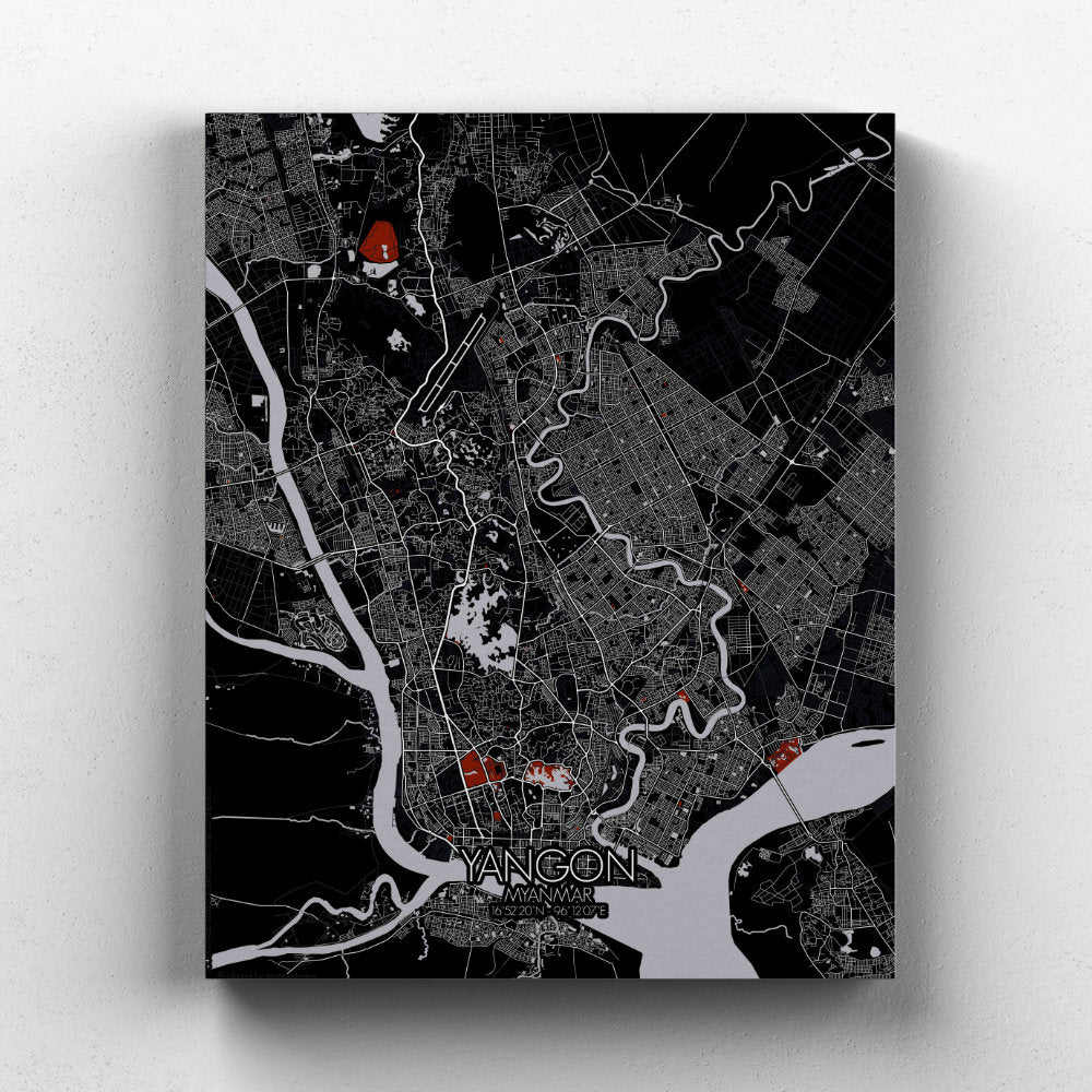 Mapospheres yangon Red Dark full page design canvas city map