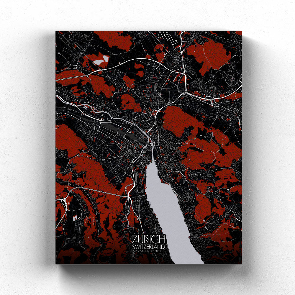 Mapospheres zurich Red Dark full page design canvas city map