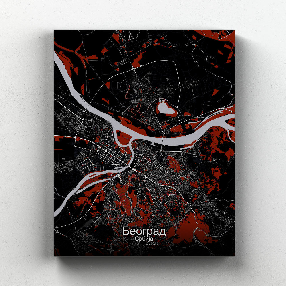 Mapospheres Belgrade Red dark full page design canvas city map