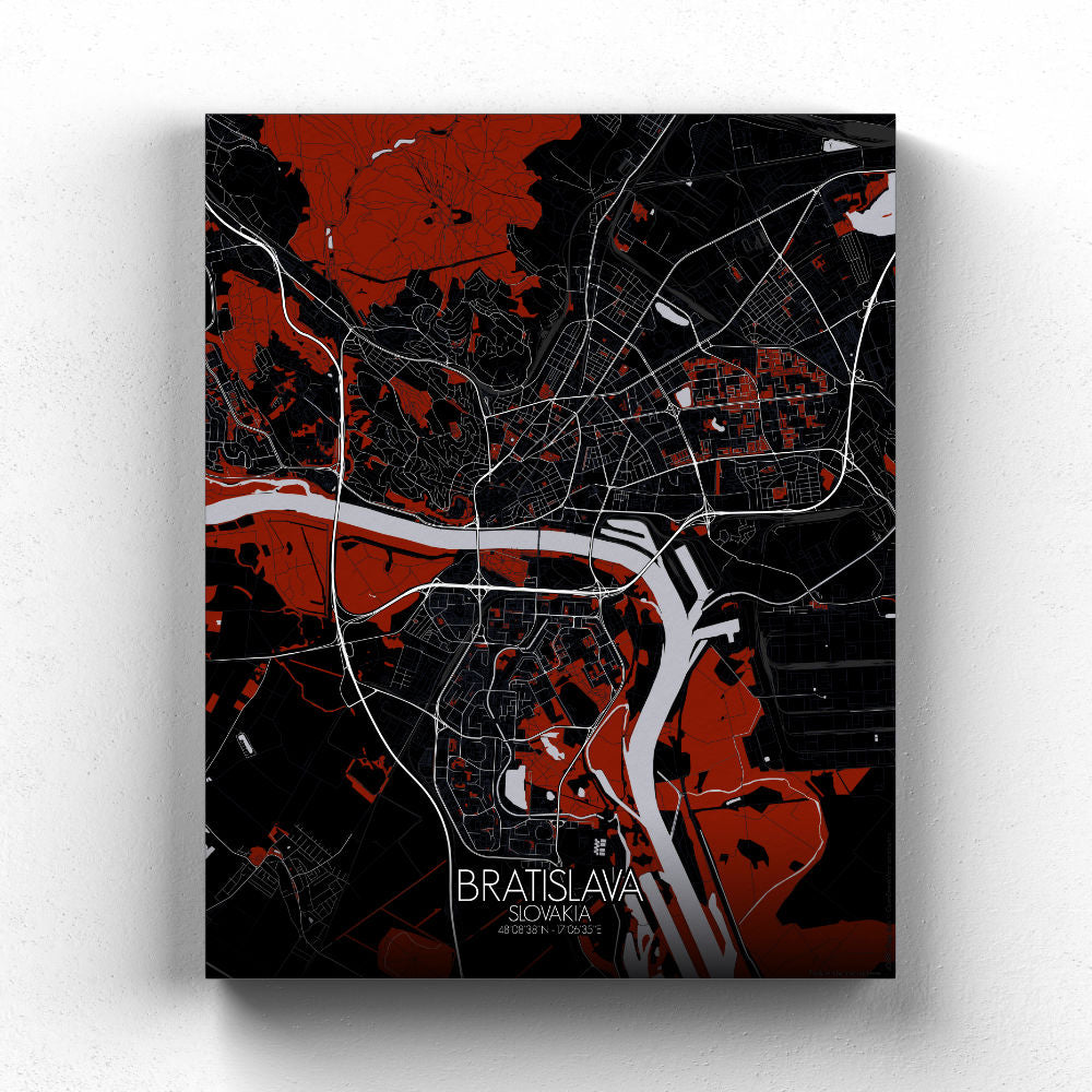 Mapospheres Bratislava Red dark full page design canvas city map