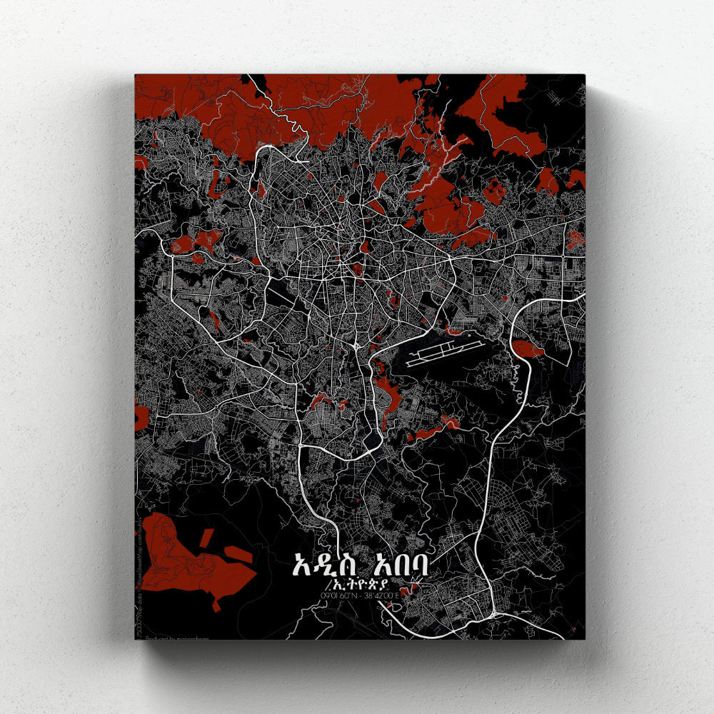 Mapospheres Addis Ababa Red dark full page design canvas city map