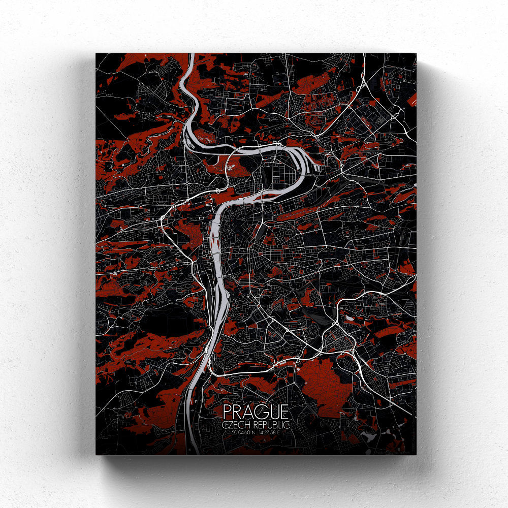 Mapospheres prague Red Dark full page design canvas city map