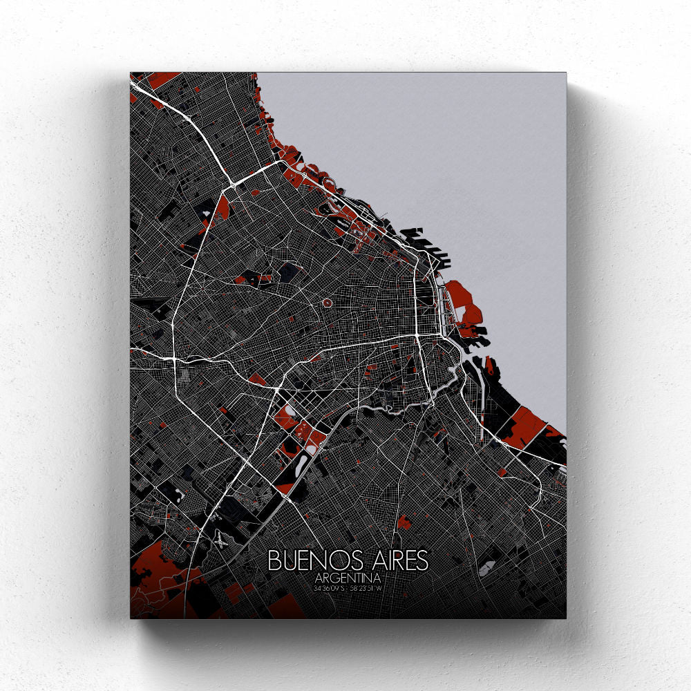 Mapospheres Buenos Aires Red dark full page design canvas city map