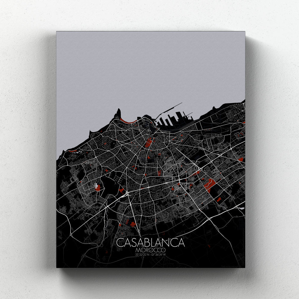 Mapospheres Casablanca Red dark full page design canvas city map