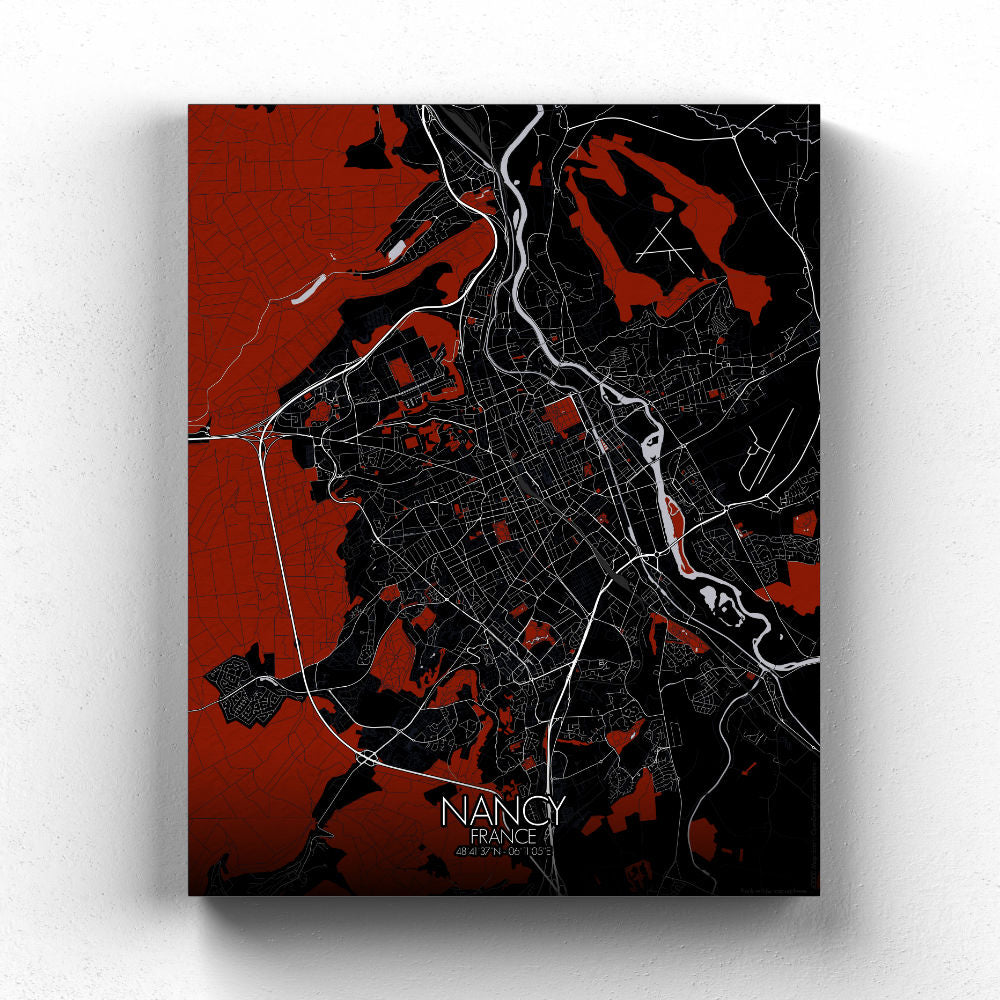 Mapospheres Nancy Red dark full page design canvas city map