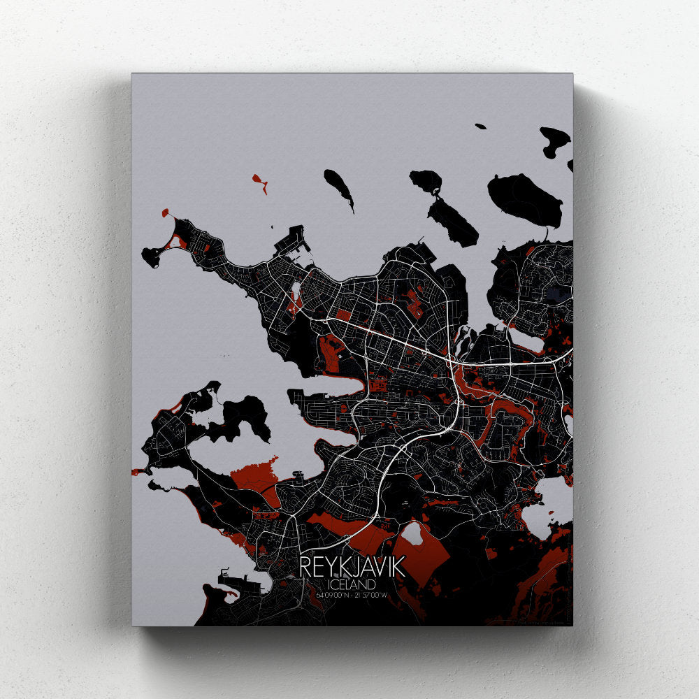 Mapospheres reykjavik Red Dark full page design canvas city map