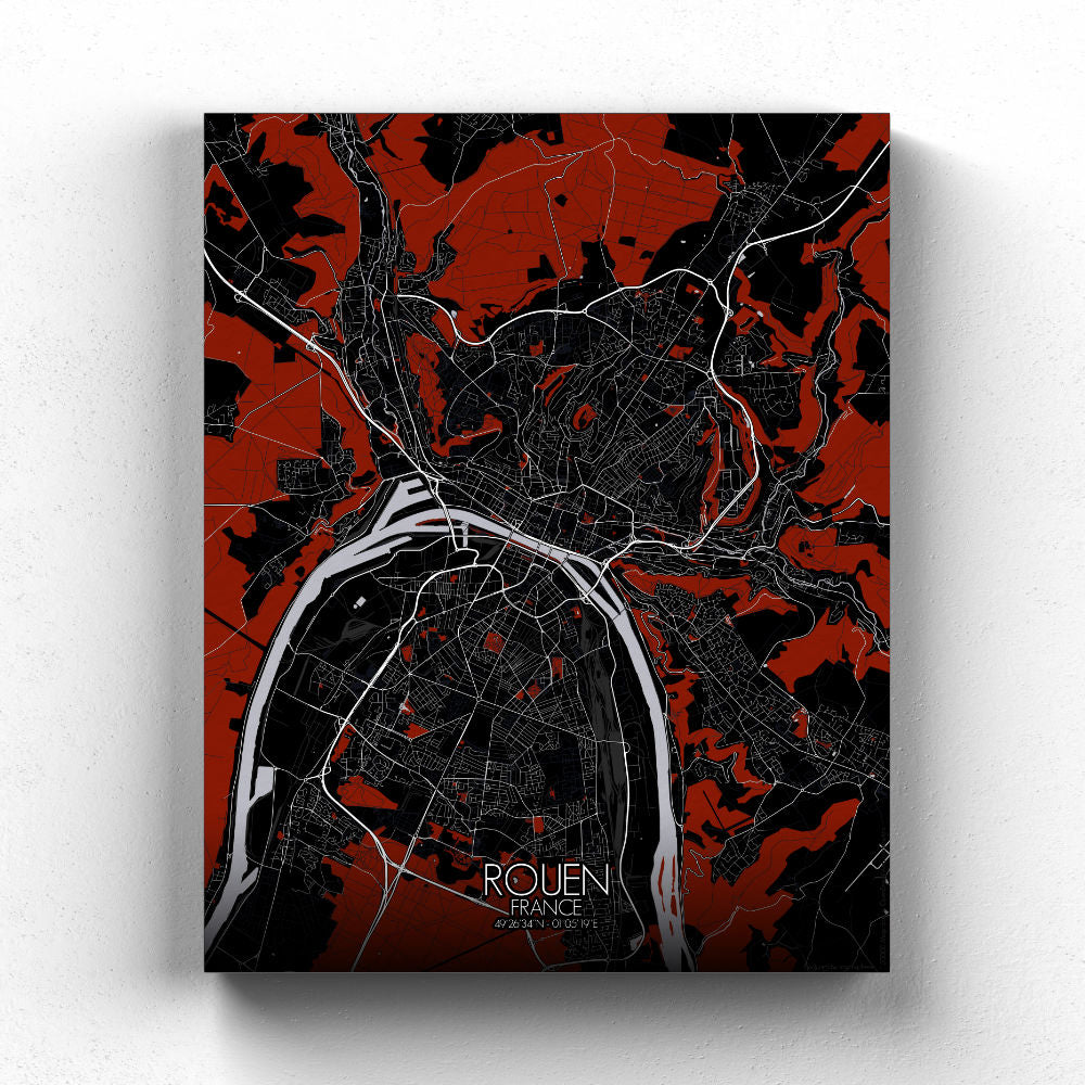 Mapospheres Rouen Red dark full page design canvas city map
