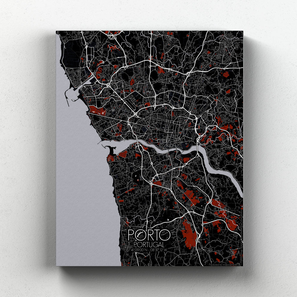Mapospheres Porto Red dark full page design canvas city map