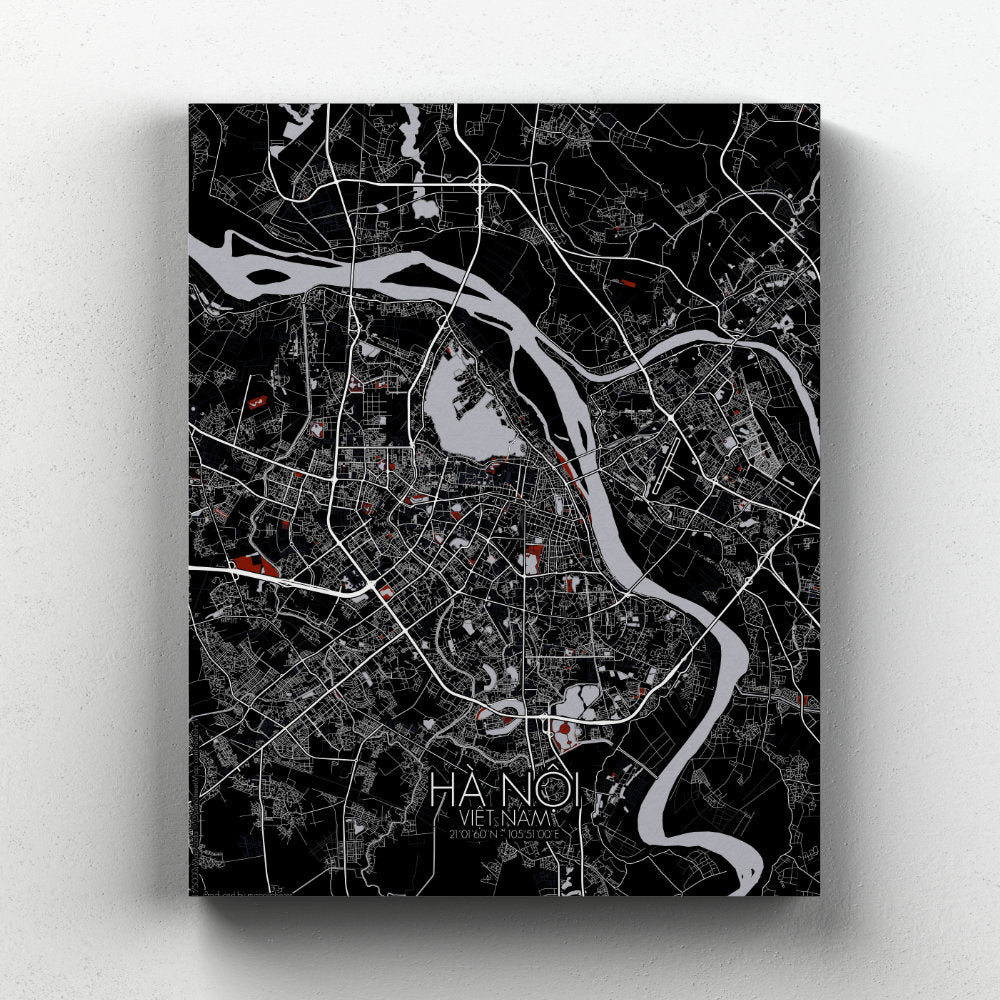 Mapospheres Hanoi Red dark full page design canvas city map