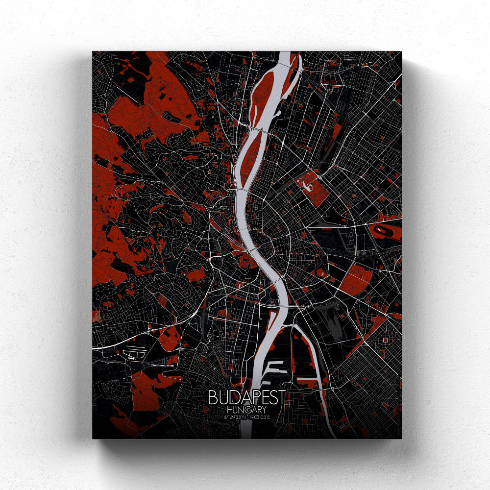 Mapospheres budapest Red Dark full page design canvas city map