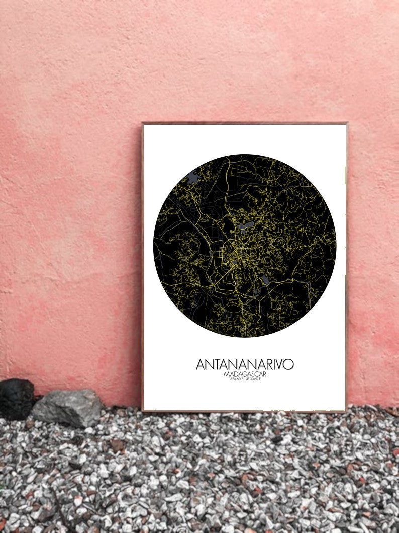 Mapospheres Antananarivo Black and White dark full page design poster city map
