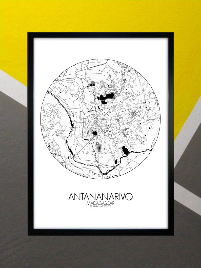 Mapospheres Antananarivo Black and White round shape design poster city map