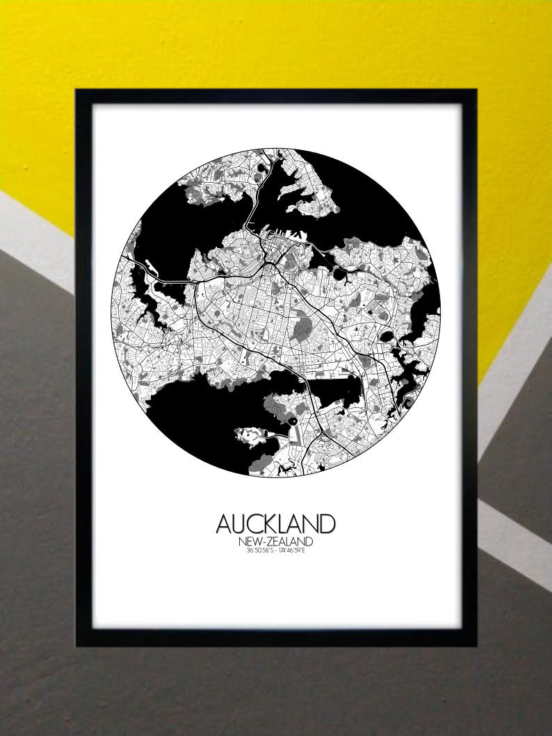 Auckland Black and White round shape design poster city map
