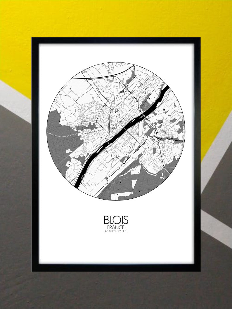 Blois Black and White round shape design poster city map