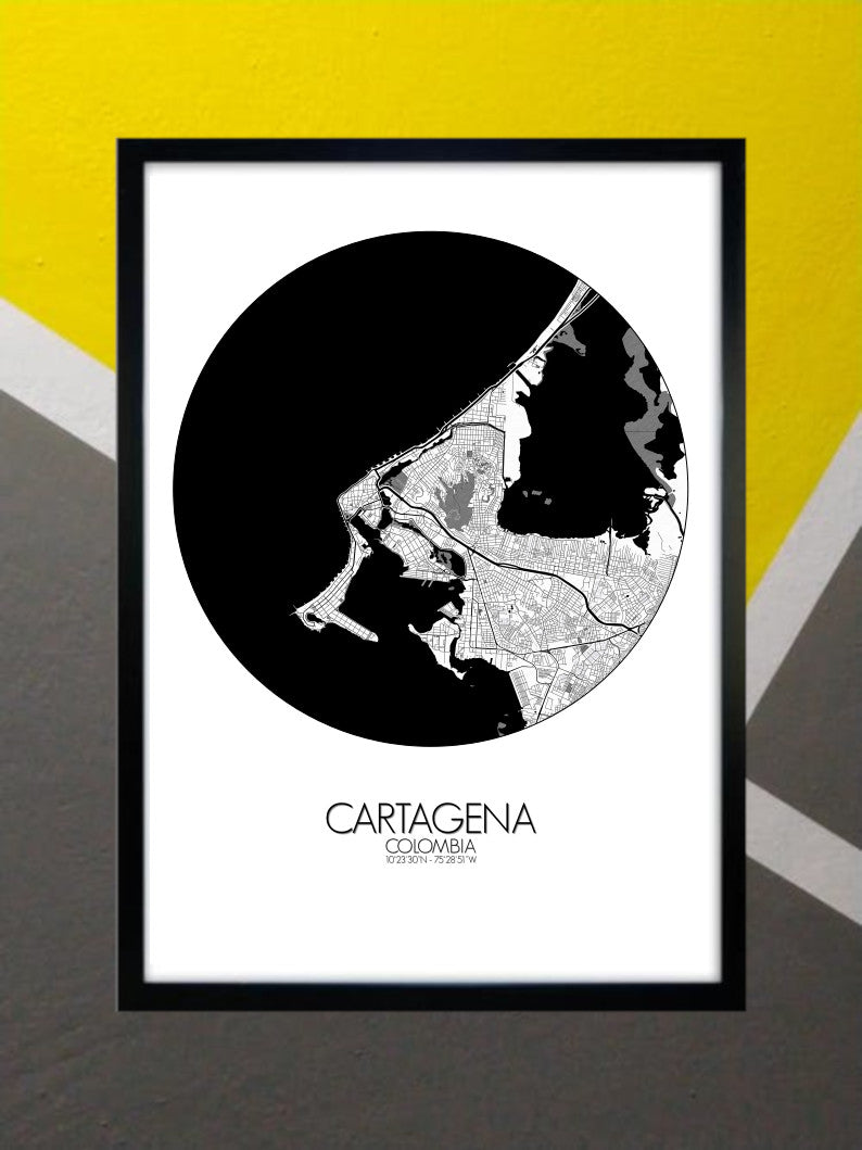 Cartagena Black and White round shape design poster city map