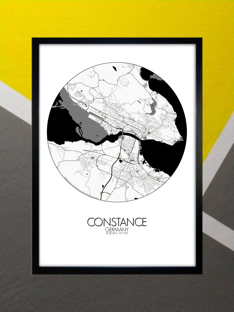 Constance Black and White round shape design poster city map